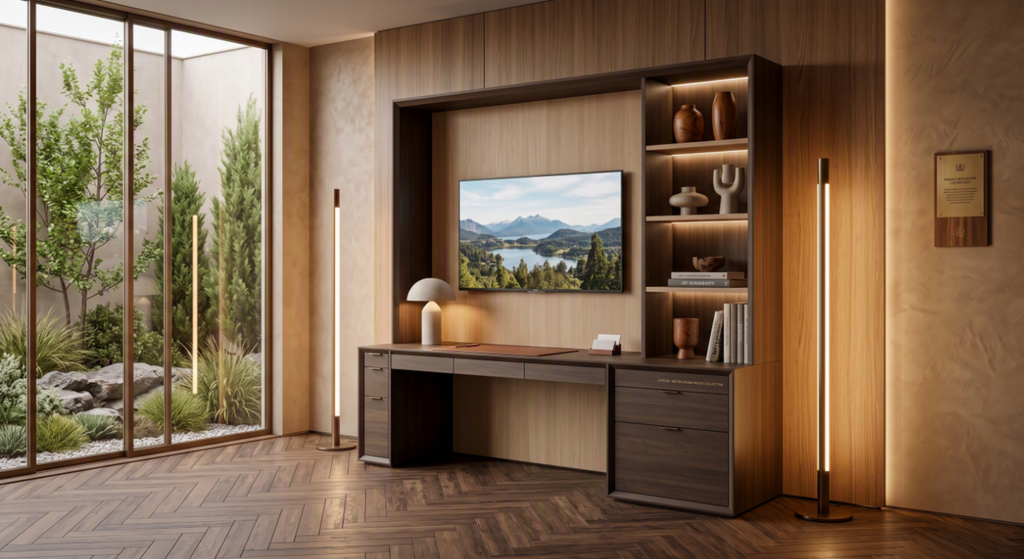 Rack TV con escritorio para dormitorio en madera nativa – El Ciprés