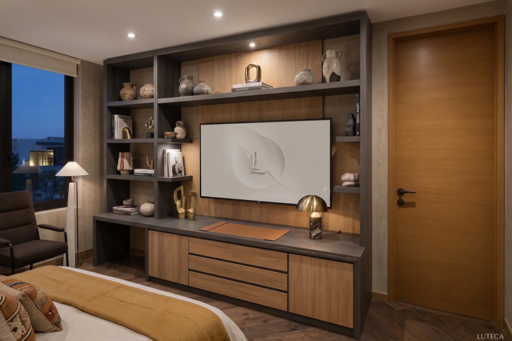 Rack TV con escritorio para dormitorio en madera nativa – El Ciprés