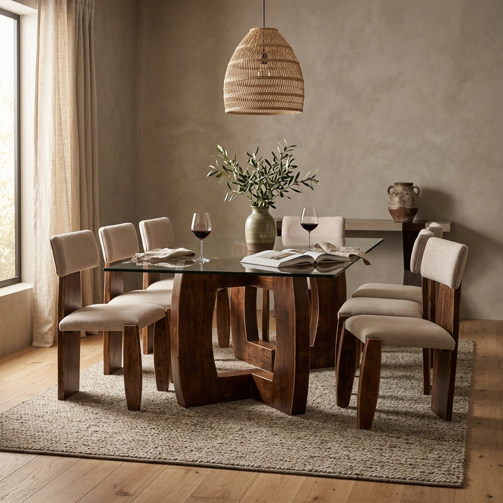 Mesa de comedor Vuoto con cubierta de vidrio y sillas