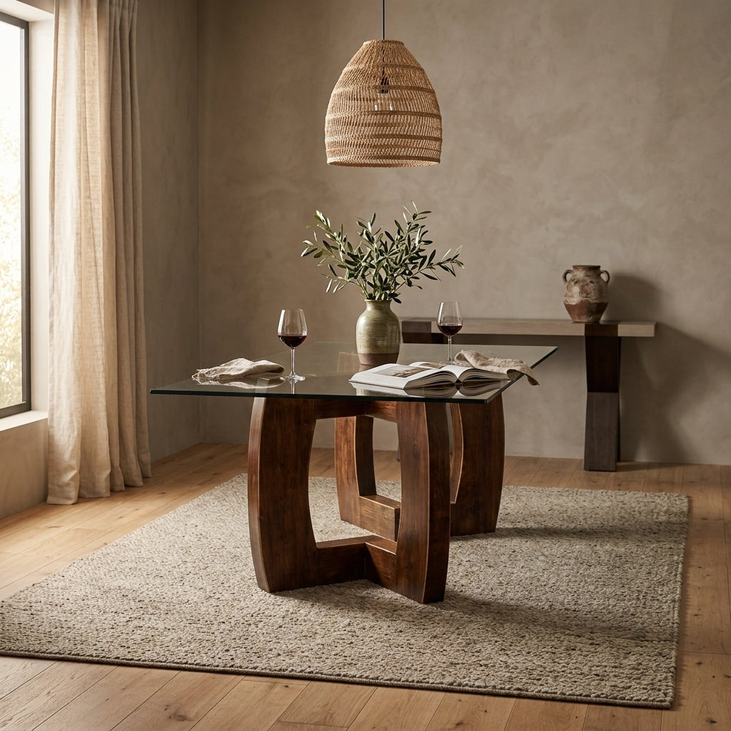 Mesa de comedor Vuoto con cubierta de vidrio, base escultural de madera